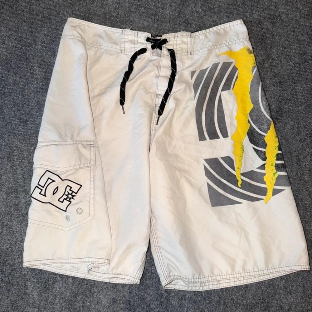 DC Men's White Cargo Board Shorts with Yellow and Gray Graphics